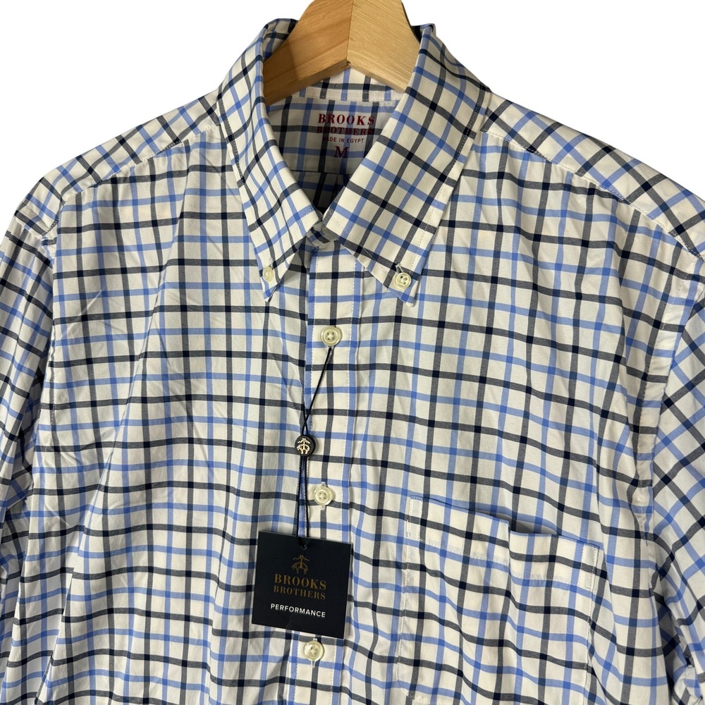 Brooks Brothers Performance Plaid Button Down Shirt Mens Medium White Blue